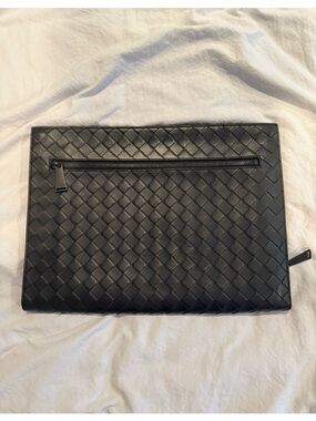 Bottega Veneta Black Woven Intrecciato Leather Zip Pouch Document Case Folio